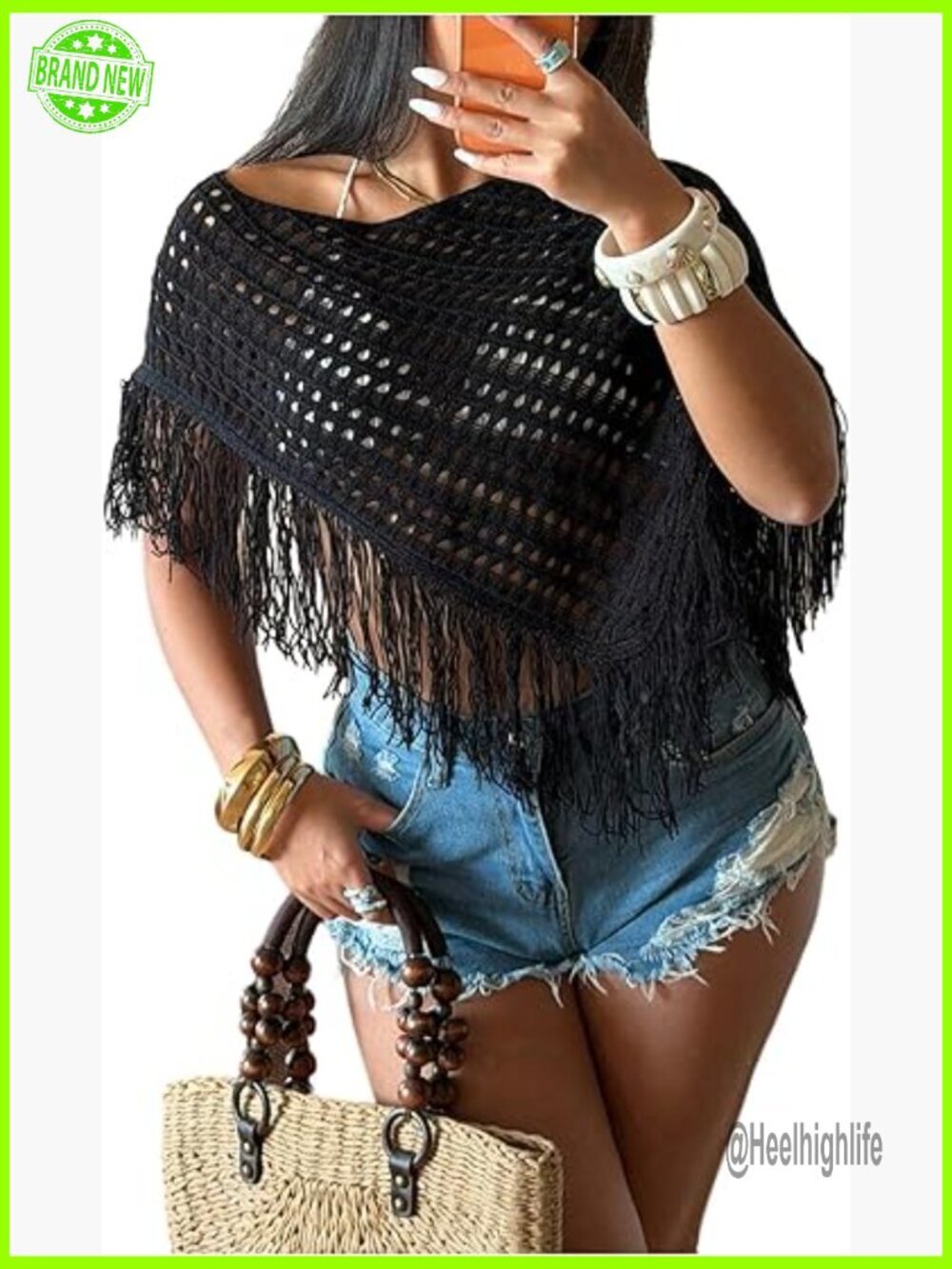Crochet Asymmetrical Poncho Cover Up Off Shoulder Fringe Top Medium